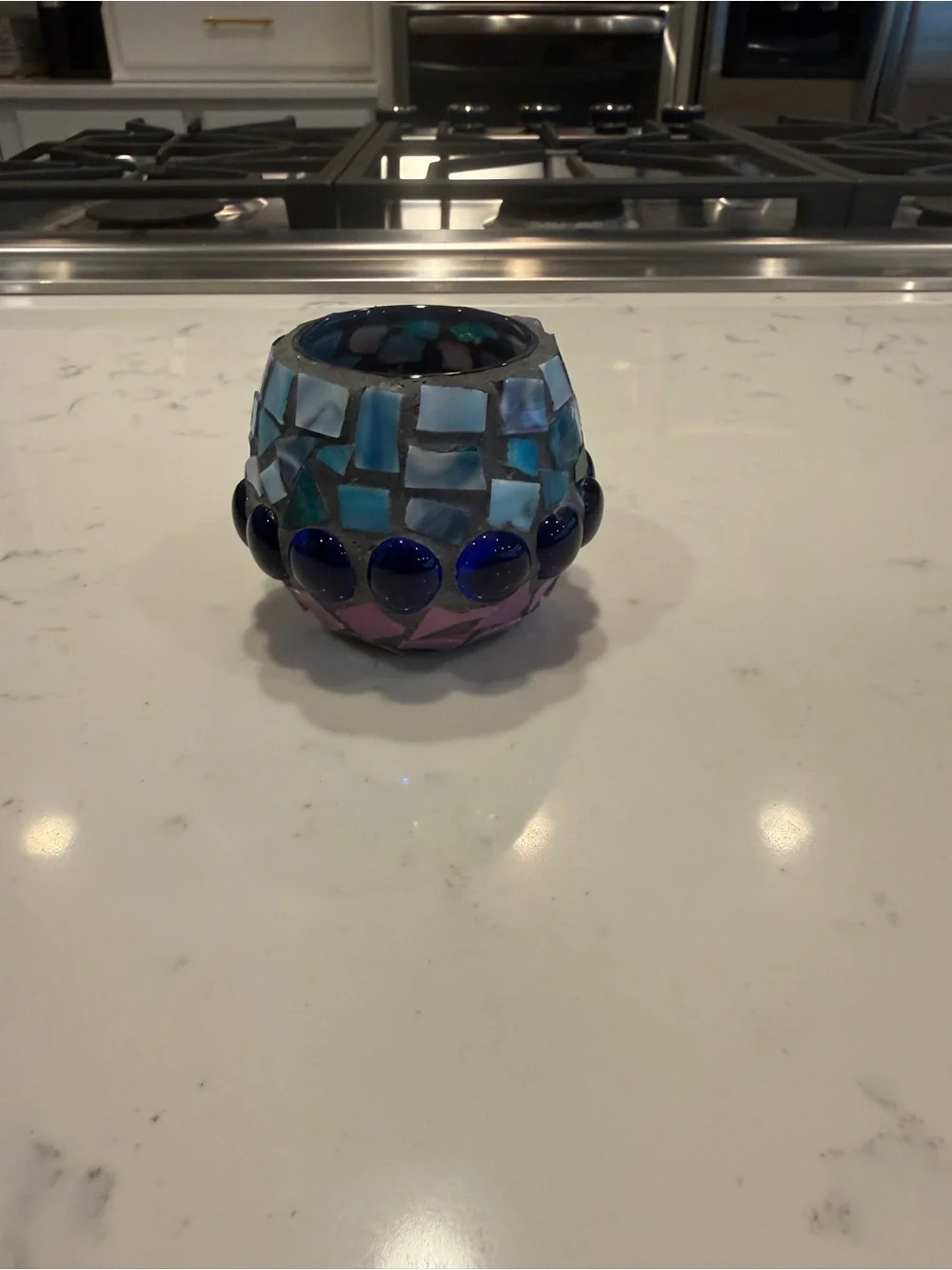 Handmade Mosaic Glass Votive Candle Holder Blue Aqua Pink Boho Decor